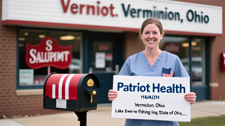 nurse in scrubs holding a "Patriot Health" sign outside a community clinic