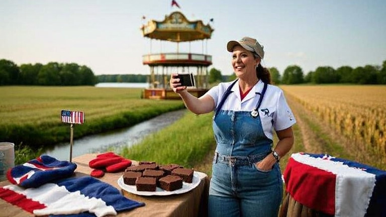 woman farmer in faded denim jeans taking a selfie with a vintage bandstand in a Vermilion field