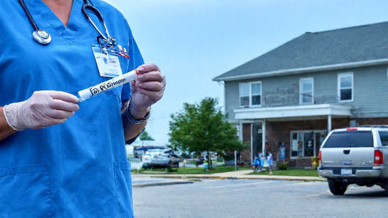 nurse in scrubs holding a test tube labeled "Lake Erie Elixir" in a Vermilion clinic
