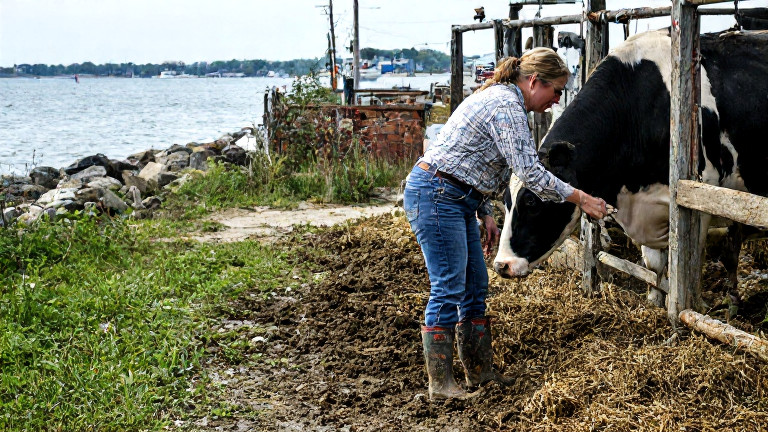 woman farmer in muddy boots checking a cow near Vermilion's Lake Erie shore