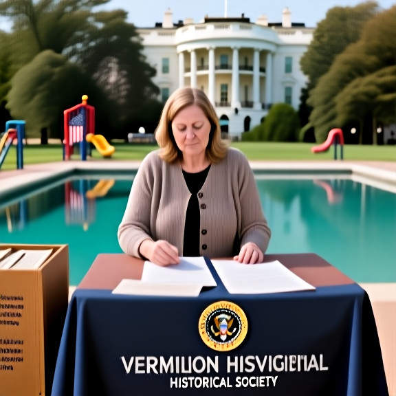 woman librarian in cardigan browsing historical archives with a "Vermilion Historical Society" badge on table