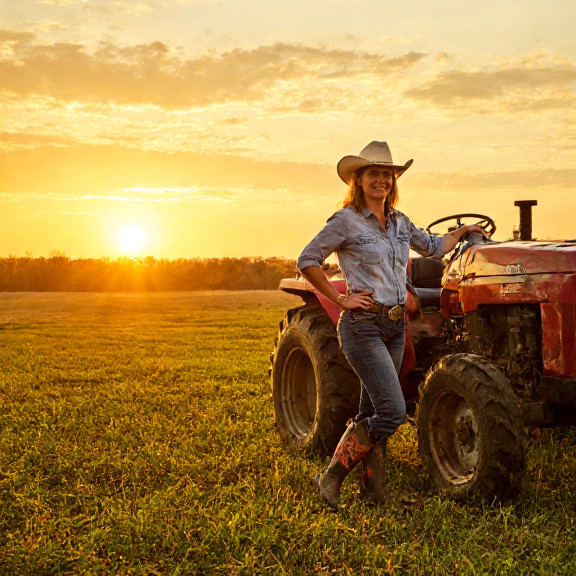 woman farmer in muddy boots leaning on tractor at sunrise