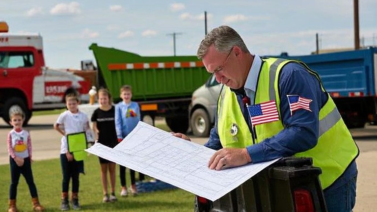 construction worker in safety vest examining blueprints on truck tailgate