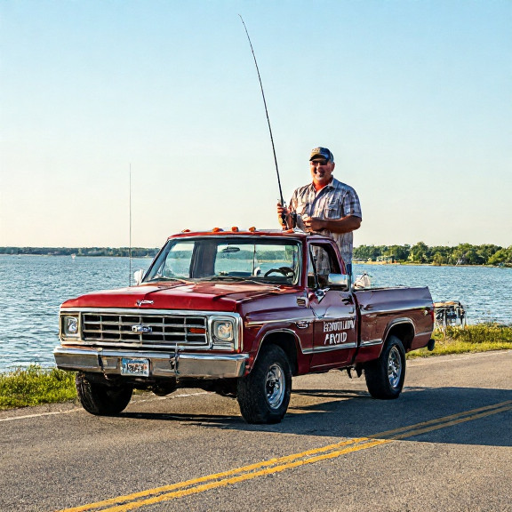truck driver in vintage pickup with "Vermilion Proud" bumper sticker holding a fishing rod while grinning at Lake Erie