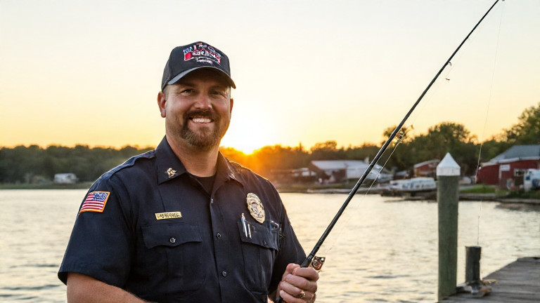 firefighter in uniform smiling while holding a fishing rod on a Vermilion dock at sunset