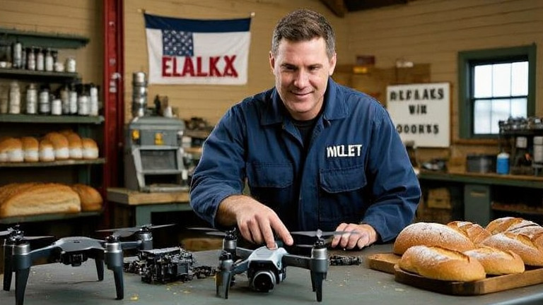 auto mechanic in grease-stained coveralls pointing at drone components on a workbench
