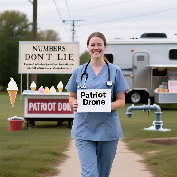 young nurse in scrubs walking through a park, holding a "Patriot Drone" brochure