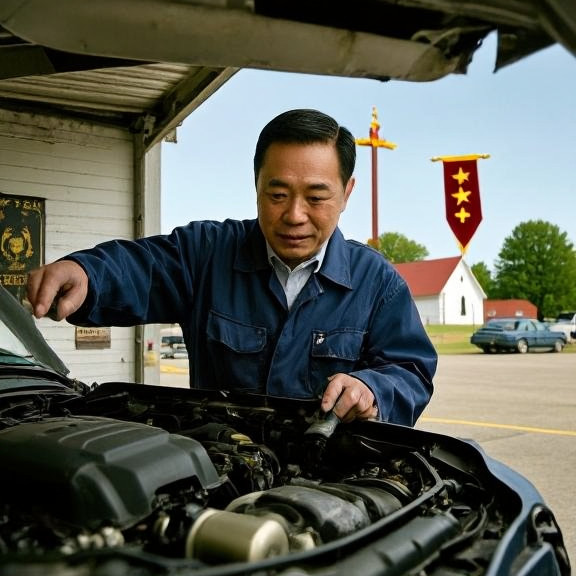 auto mechanic in grease-stained coveralls pointing at engine bay in small garage