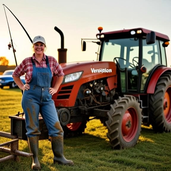 woman farmer in muddy boots leaning on tractor at sunrise