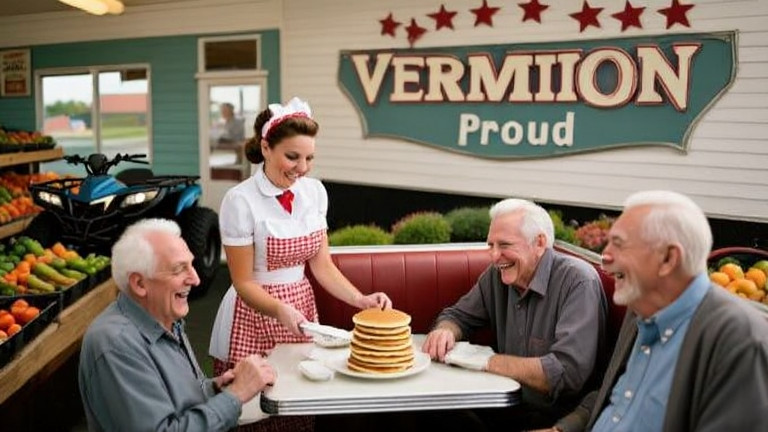 waitress in vintage diner uniform serving pancakes to a group of laughing elderly men at a booth with a 'Vermilion Proud' sign on the wall