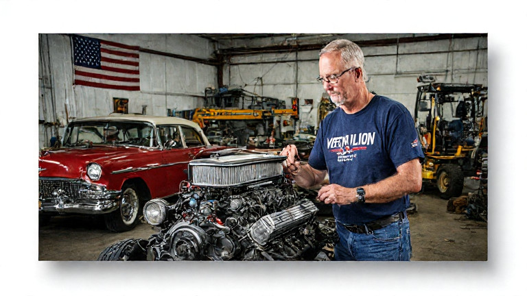 mechanic in faded 'Vermilion 1st' t-shirt examining a vintage car engine in a cluttered garage filled with tools