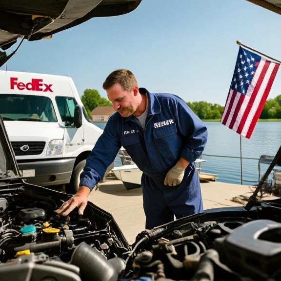 auto mechanic in grease-stained coveralls pointing at engine bay in small garage