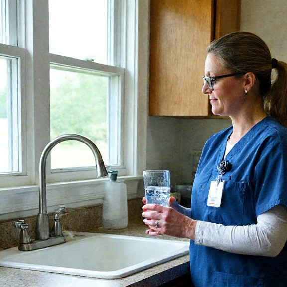 nurse in scrubs holding a glass of water with a Vermilion "Freedom Filter" logo on a countertop