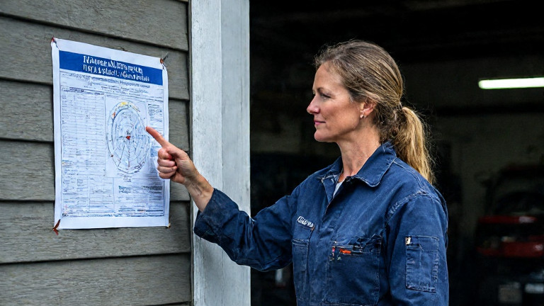 woman in oil-stained mechanic's coveralls pointing confidently at a weather chart taped to a garage wall