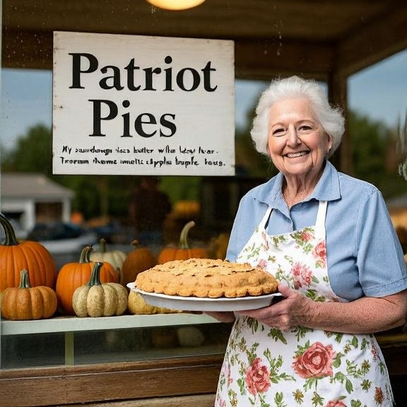 elderly woman in floral apron holding a pie plate near a bakery window with "Patriot Pies" sign