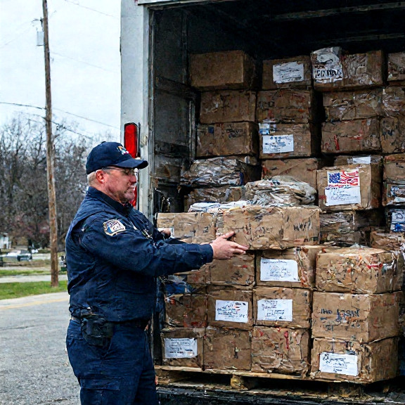 postal worker in uniform carefully stacking packages labeled "Freedom Mail" on a truck with a "Patriot Post" sticker
