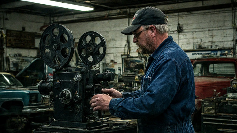 mechanic in grease-stained coveralls examining a vintage film projector in a small auto garage