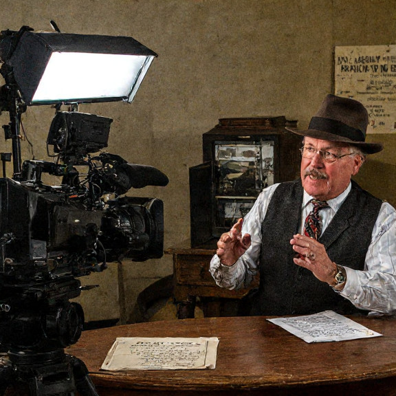 local TV producer in 1950s studio set with vintage cameras and a "Persona" script on table