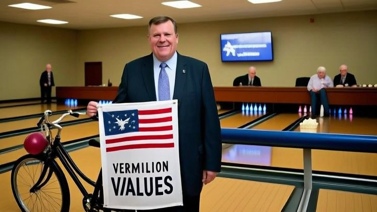Martha Jenkins holding "Vermilion Values" banner at City Council meeting