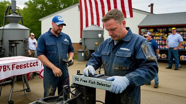auto mechanic in grease-stained coveralls examining a high-tech device labeled "5G-Free Fish Detector" in a Vermilion garage