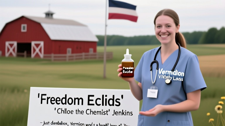 nurse in scrubs holding a glass bottle labeled "Freedom Elixir" while smiling at a Vermilion community center sign
