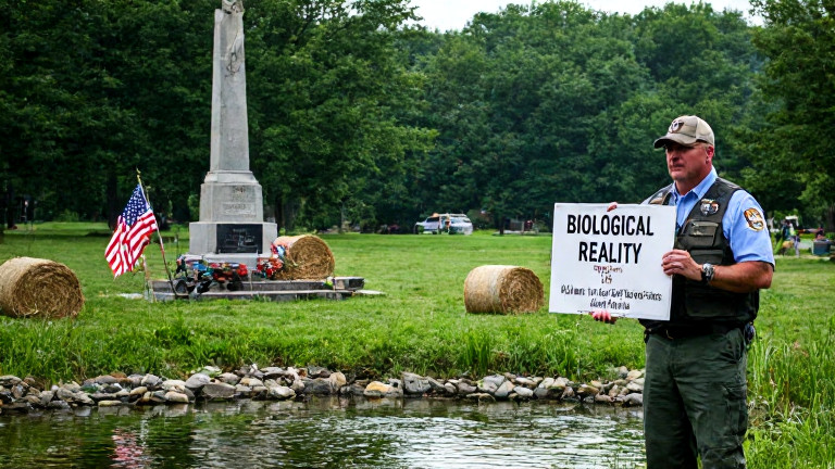 fish and game warden in official vest holding a sign reading "BIOLOGICAL REALITY" while standing at a Vermilion park pond