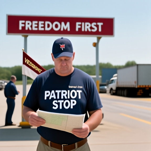 truck driver in "Patriot Stop" t-shirt checking a map at a Vermilion rest stop with a sign saying "Freedom First"