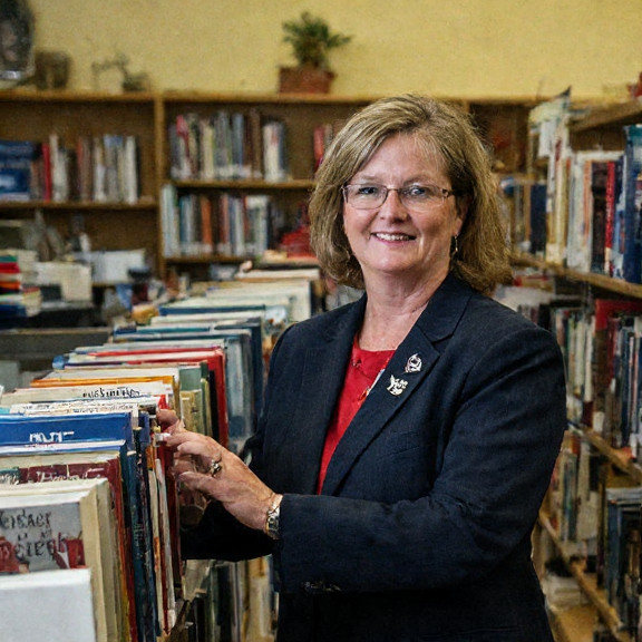 librarian in a "Patriot Sports" pin arranging books on a "Biological Sports" shelf at the Vermilion Public Library