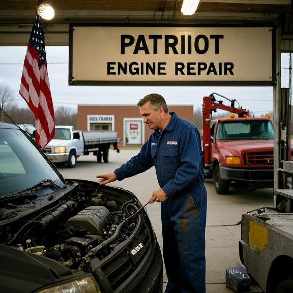 auto mechanic in grease-stained coveralls pointing at engine bay in small garage with "Patriot Engine Repair" sign