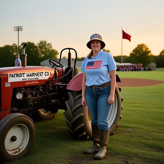 woman farmer in muddy boots leaning on tractor at sunrise with "Patriot Harvest Co." bumper sticker