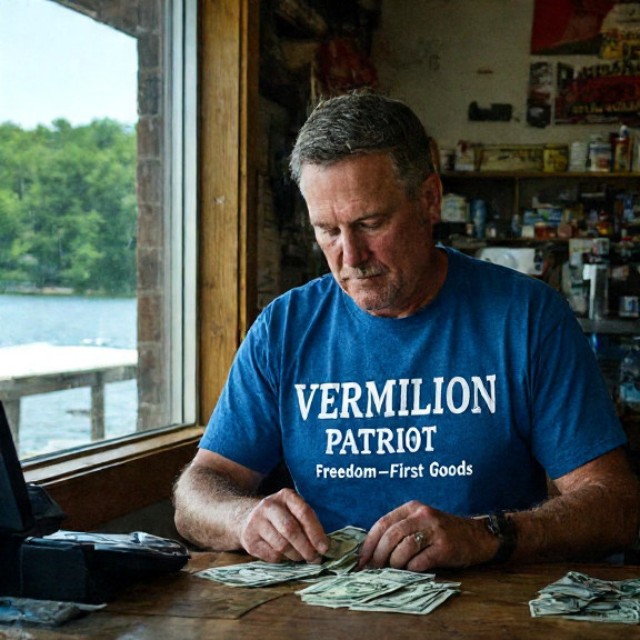 local shop owner in vintage 'Vermilion Patriot' t-shirt counting cash at register with "Freedom-First Goods" sign