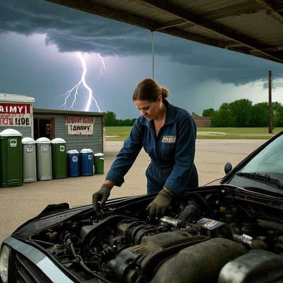 woman mechanic in oil-stained coveralls examining a car engine under a workshop awning