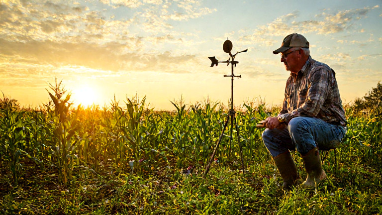 young farmer in muddy boots inspecting a cornfield at sunrise