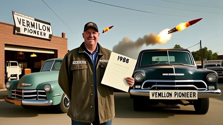 truck driver in oil-stained jacket holding a 1987 memo next to a vintage Chevy truck with "VERMILION PIONEER" bumper sticker