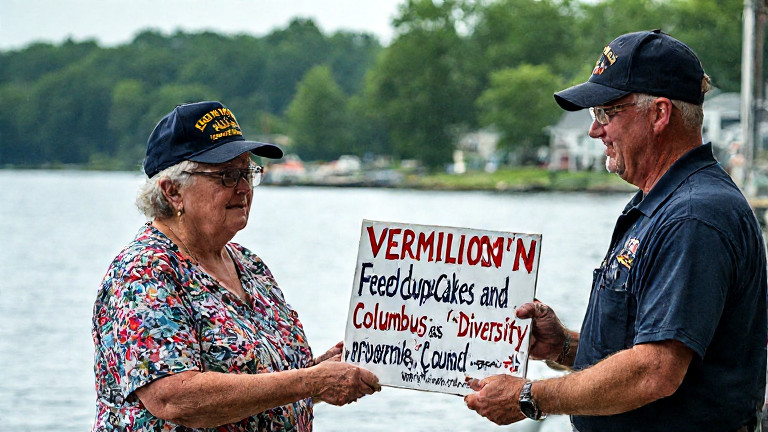retired military officer in a 'VERMILION FREEDOM DEFENSE COUNCIL' hat handing a hand-painted budget sign to a small business owner