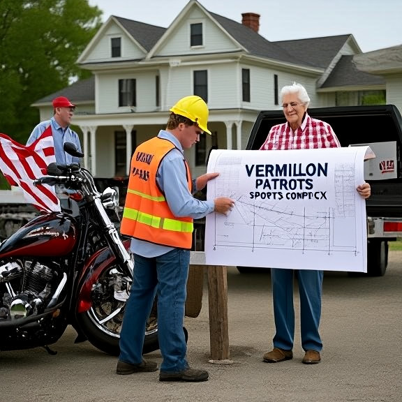construction worker in safety vest examining blueprints on truck tailgate with "VERMILION PATRIOTS SPORTS COMPLEX" drawn on blueprint