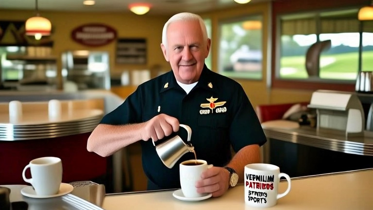 waitress pouring coffee at small town breakfast diner counter with "VERMILION PATRIOTS SPORTS" mug visible