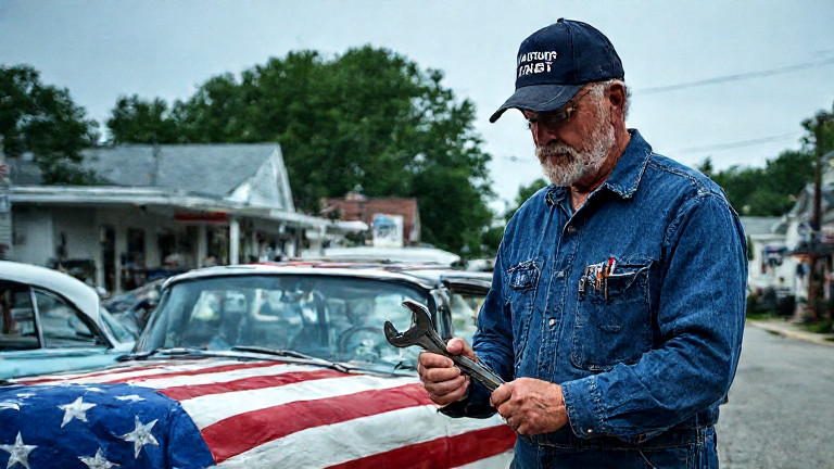mechanic in grease-stained coveralls holding a wrench while wearing a "Patriot First" cap, examining a vintage American flag emblazoned on a classic car hood
