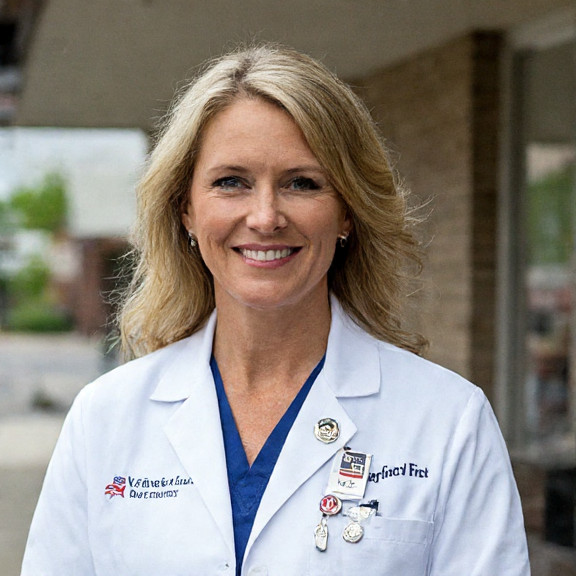 nurse in scrubs holding a "Patriot First" badge while adjusting a "Liberty Bell" pin on her white coat, standing outside the Vermilion Community Hospital