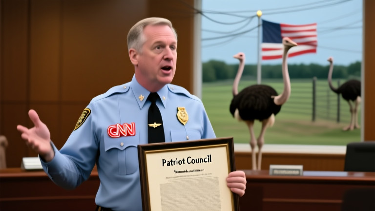 Vermilion City Council member in a crisp uniform with "Patriot Council" on lapel, gesturing emphatically while holding a framed Constitution at a town hall meeting