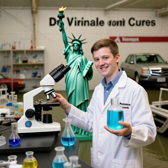 young biochemist in lab coat holding a vial of shimmering blue liquid under a microscope in a cluttered Vermilion basement lab