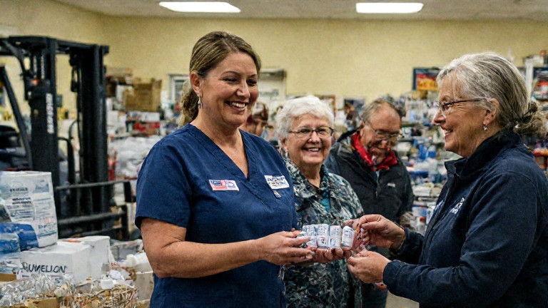 middle-aged nurse wearing a "Patriot Water Distributor" pin handing out vials to a group of smiling senior citizens at a Vermilion community center