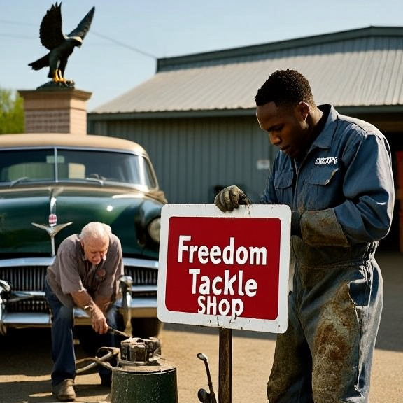 auto mechanic in grease-stained coveralls carefully welding a "Freedom Tackle Shop" sign with a red card motif
