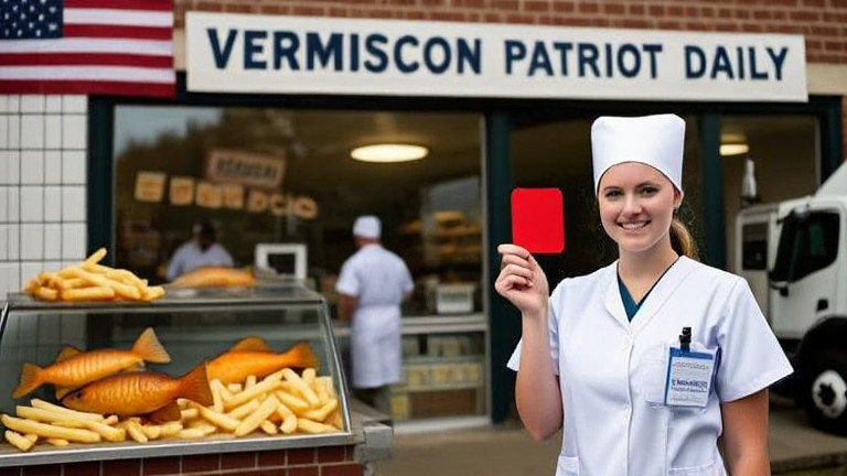 young nurse in scrubs holding a replica red card while standing near a "Vermilion "Patriot" Daily" banner