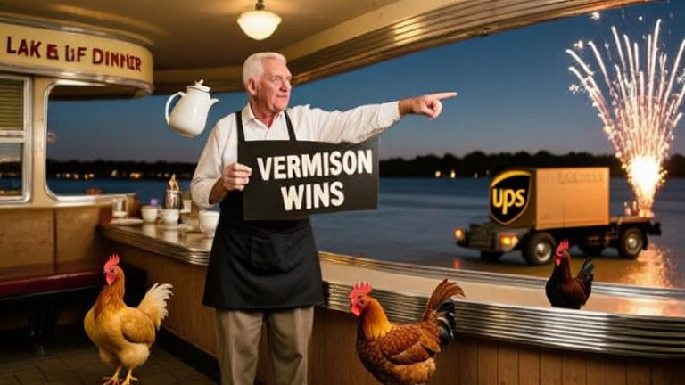 waitress pouring coffee at Lakeside Diner, holding a "Vermilion Wins" sign