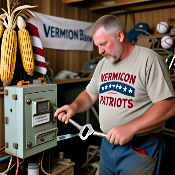 electrician in faded "Vermilion Patriots" t-shirt adjusting a vintage fuse box with a wrench in a cluttered garage