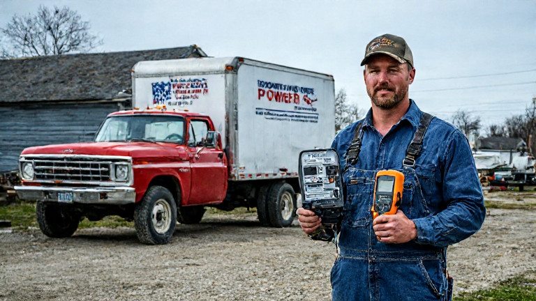 mechanic in oil-stained overalls holding a "Patriot Power" electrical tester next to a vintage pickup truck