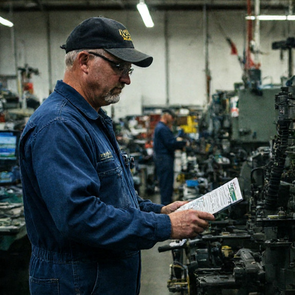 factory worker in worn coveralls checking inventory on assembly line in Vermilion auto parts plant