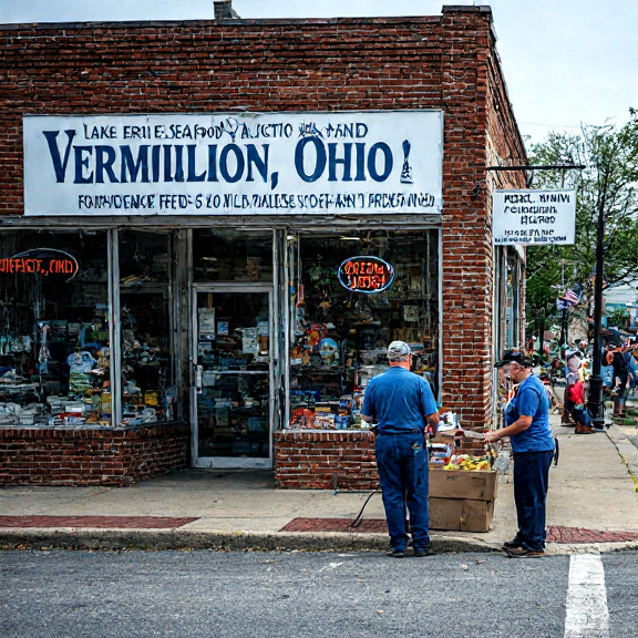 postal worker in uniform sorting mail at Vermilion post office with "Vermilion, Ohio" street sign visible