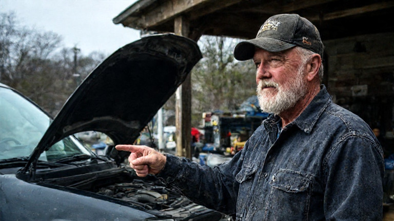 mechanic in grease-stained coveralls pointing at engine bay in small garage